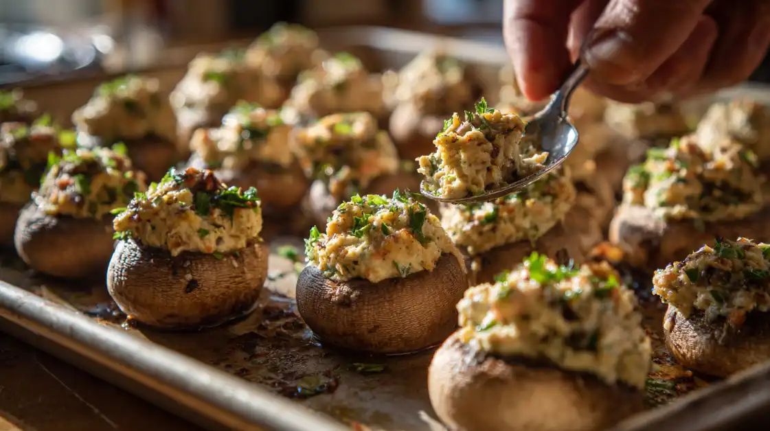 Stuffing pre-roasted mushroom caps with feta filling