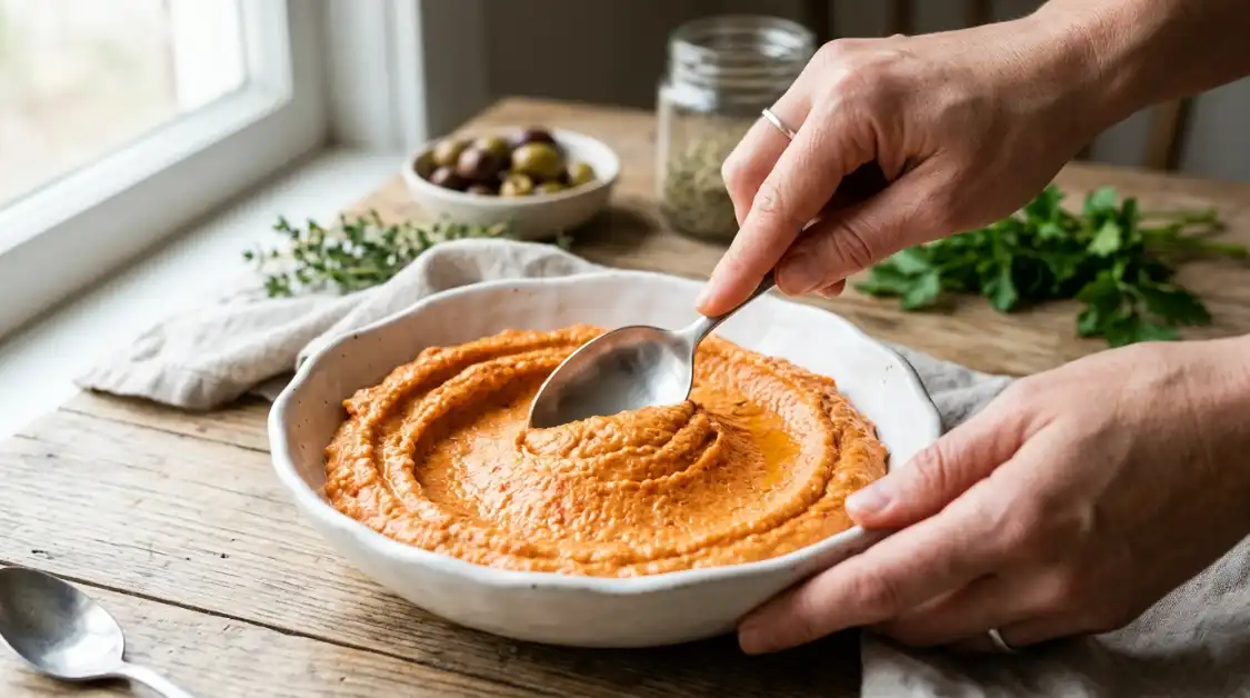 swoosh-hummus-presentation Creating the classic swoosh presentation for roasted red pepper hummus in a serving bowl