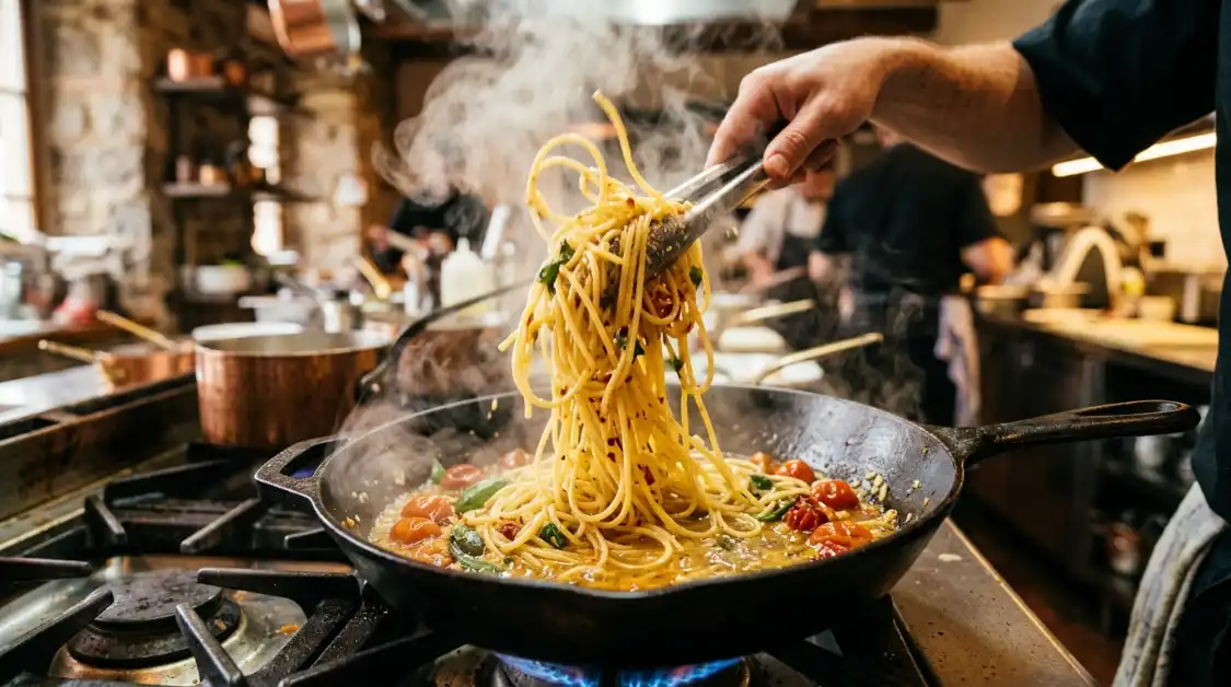 tossing-spaghetti-aglio-e-olio-mediterranean Tossing spaghetti in garlic olive oil for aglio e olio Mediterranean