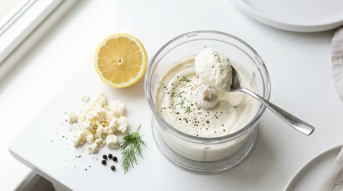 whipped-feta-spread-smoked-salmon-toast Creamy whipped feta spread in a food processor bowl for smoked salmon Mediterranean toast