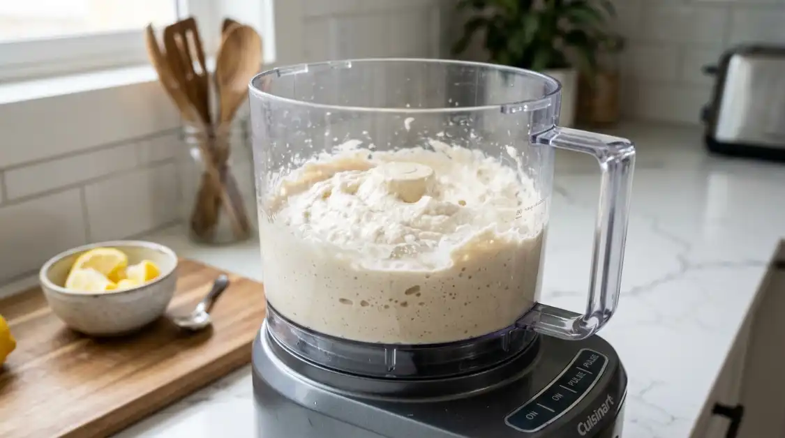 whipping-tahini-lemon-food-processor Whipping tahini and lemon juice in food processor for roasted red pepper hummus base