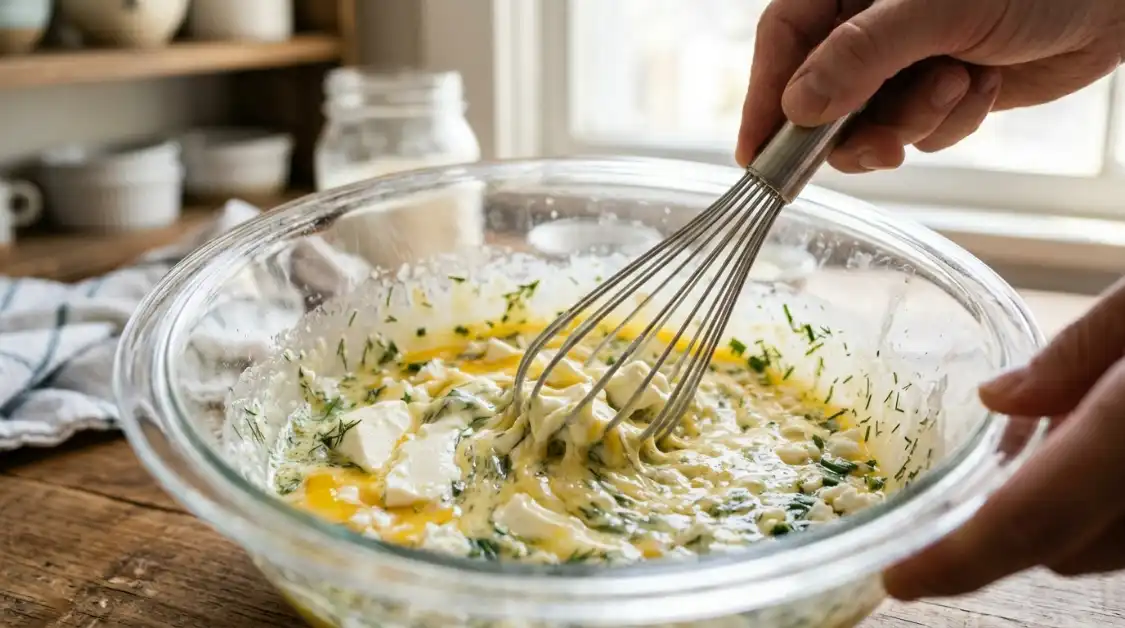 whisking-eggs-cream-cheese-feta-scrambled-eggs Whisking eggs with cream cheese for fluffy herb and feta scrambled eggs recipe