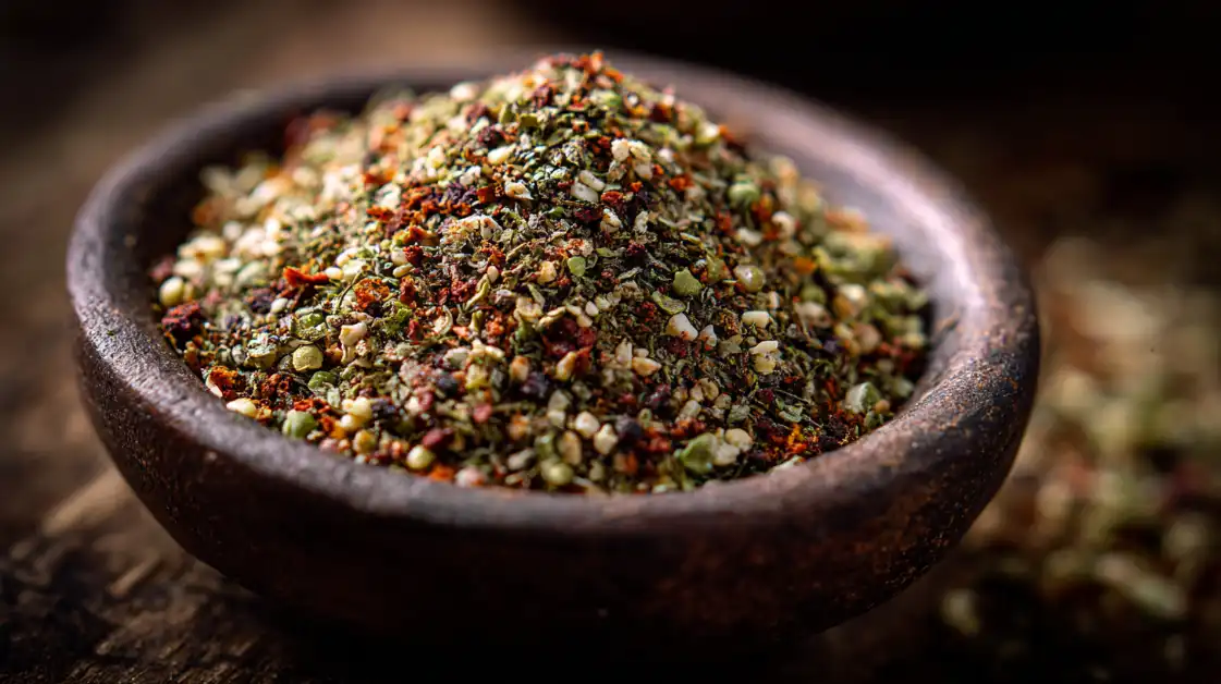 zaatar-spice-blend-close-up Close-up of za’atar spice blend showing thyme, sumac, and sesame seeds for labneh with za’atar & olive oil