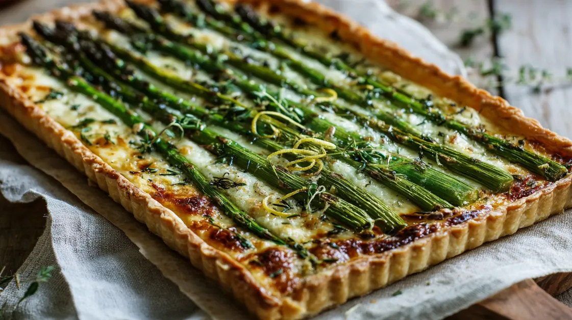 Overhead shot of Asparagus & Gruyère Tart with Herb Pastry with golden flaky crust and spring asparagus spears