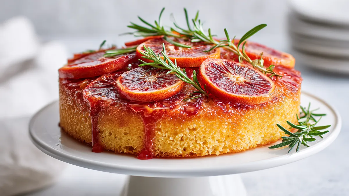Blood Orange and Rosemary Polenta Cake (Serves 10) 1 Blood Orange & Rosemary Polenta Cake with caramelized orange slices and rosemary on a ceramic stand