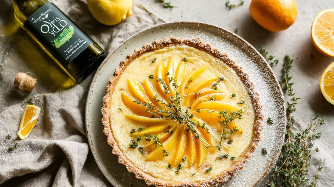 Citrus olive oil tart with thyme crust overhead on ceramic plate with candied peel