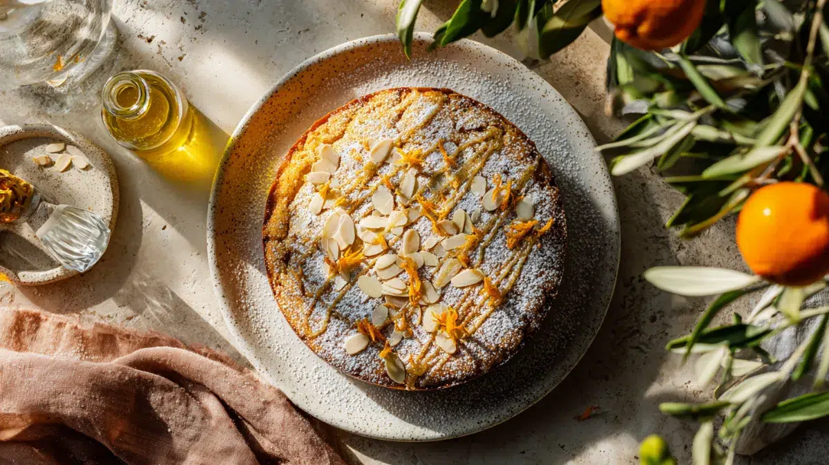 Clementine almond cake & orange blossom drizzle on a white ceramic plate topped with powdered sugar and toasted almonds