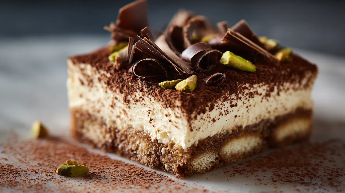 Cold Brew Turkish Coffee Tiramisu (No-Bake, 9 Servings) 1 Cold brew Turkish coffee tiramisu topped with cocoa, chocolate shavings, and pistachios on a plate.