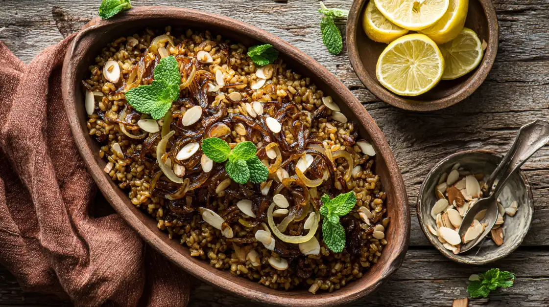 Freekeh Pilaf with Caramelized Onions & Almonds in a ceramic bowl garnished with fresh mint