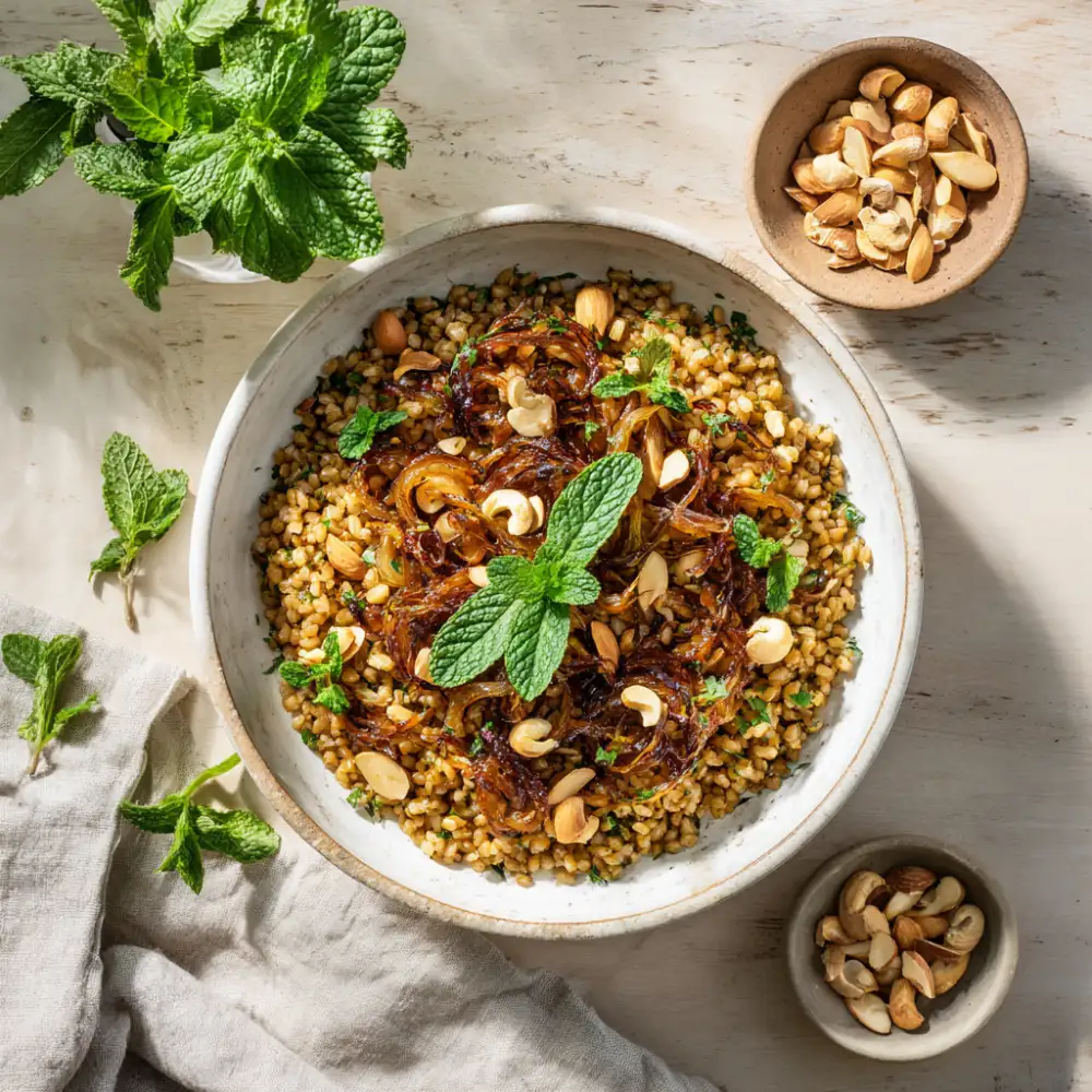 Freekeh Pilaf with Caramelized Onions and Almonds (45 Minutes) 1 Freekeh pilaf with caramelized onions and almonds in white ceramic bowl, overhead flat lay shot with fresh mint garnish