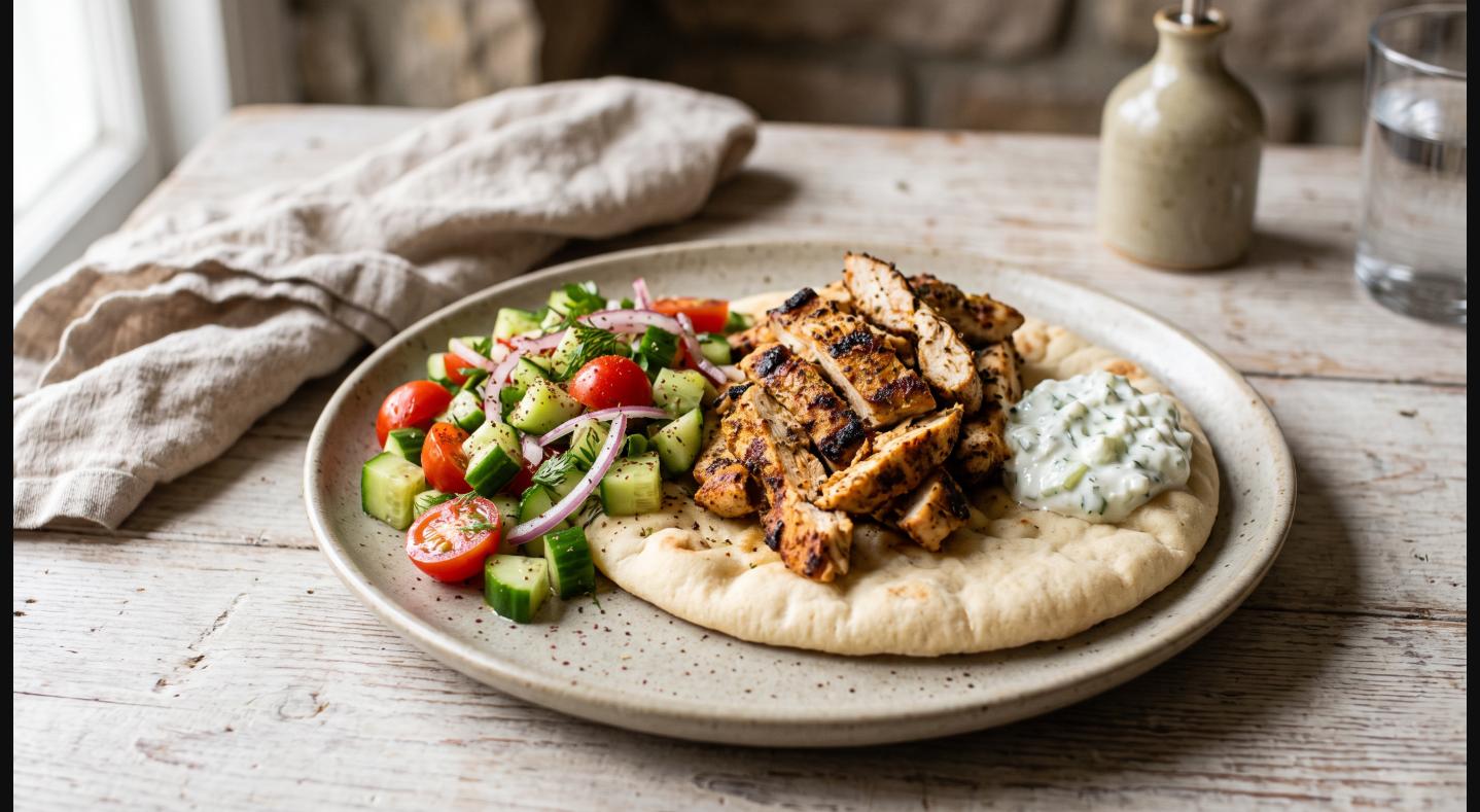 Grilled chicken gyro strips on warm pita with a bright cucumber tomato salad and yogurt-garlic sauce