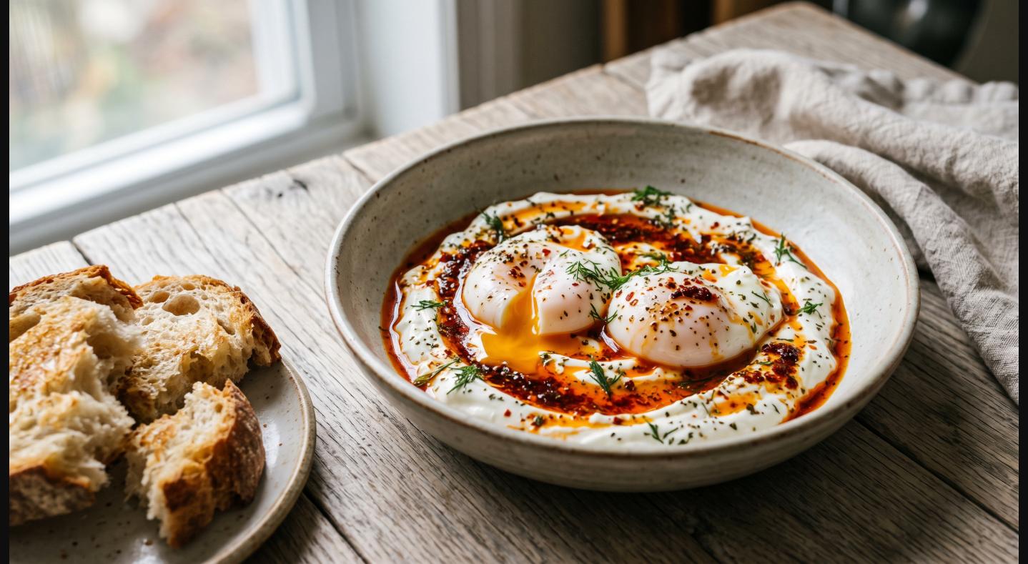 Turkish eggs (Çılbır) with poached eggs over garlicky yogurt and sizzling red chili butter, served with crusty bread