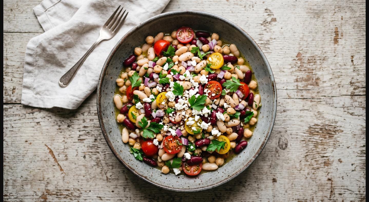 Mediterranean three bean salad with cannellini beans, kidney beans, chickpeas, cherry tomatoes and feta in a lemon dressing