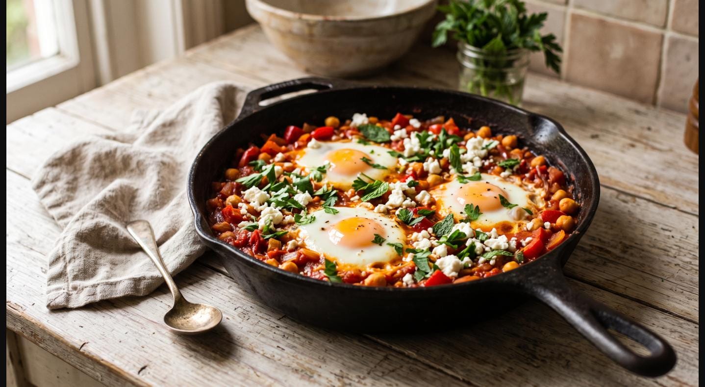 One-pot shakshuka stew with chickpeas, poached eggs, feta and herbs in a cast-iron skillet