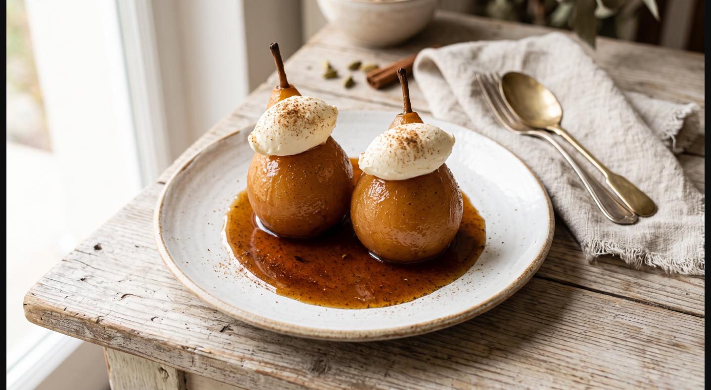 Honey cardamom poached pears topped with a quenelle of mascarpone cream and spiced honey syrup on a white ceramic plate