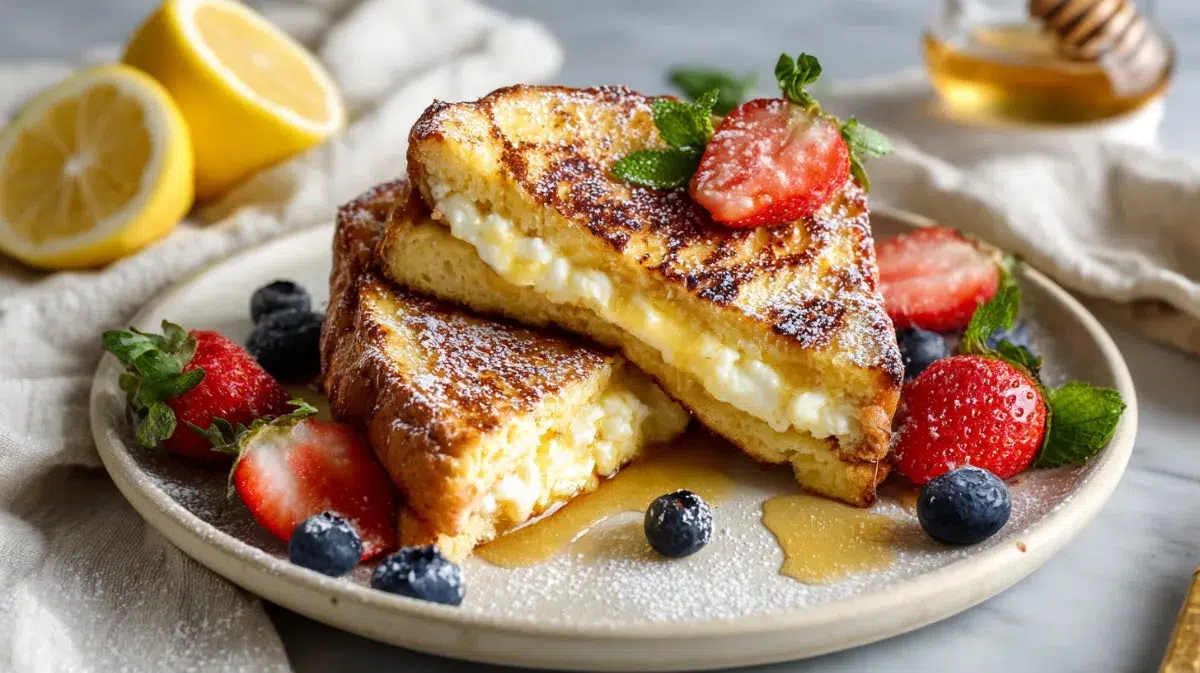 Lemon Ricotta Stuffed French Toast with Honey showing creamy filling and fresh berries