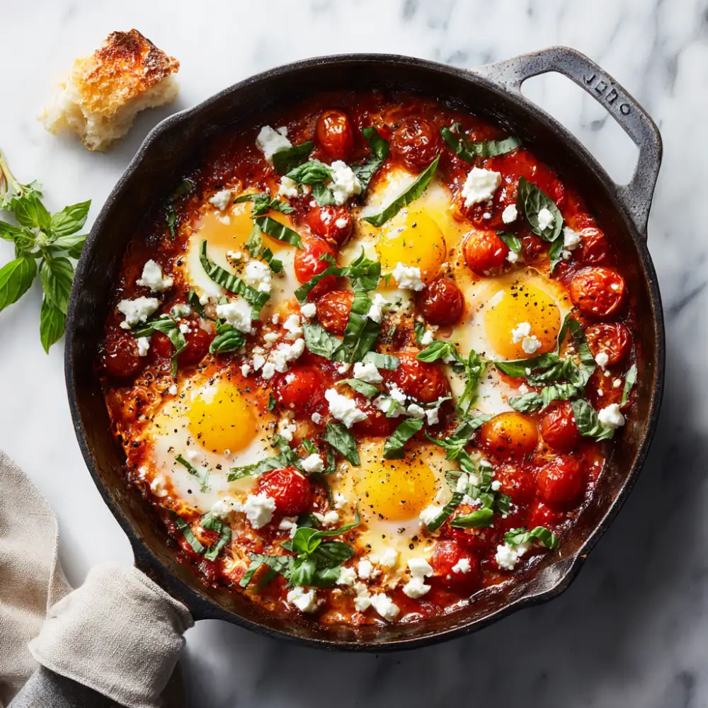 Cherry Tomato Basil Shakshuka (45 Minutes) 1 Roasted cherry tomato and basil shakshuka with perfectly poached eggs in cast iron skillet, overhead food photography