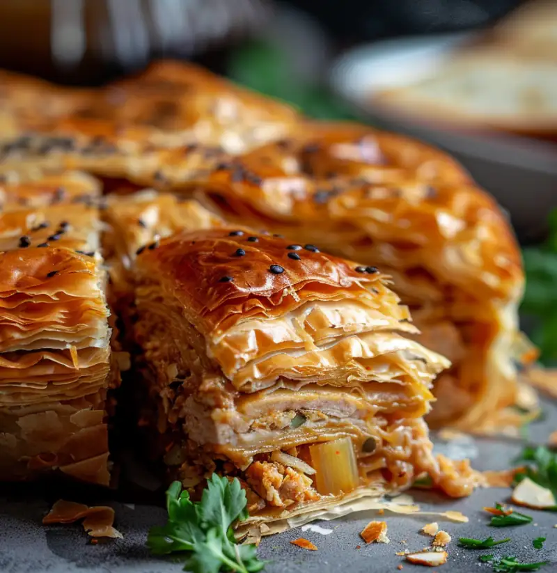 Moroccan Chicken Phyllo Pie (Serves 8) 1 Moroccan bastilla-inspired chicken phyllo pie with golden crispy layers, sliced to show savory chicken filling with almonds and spices