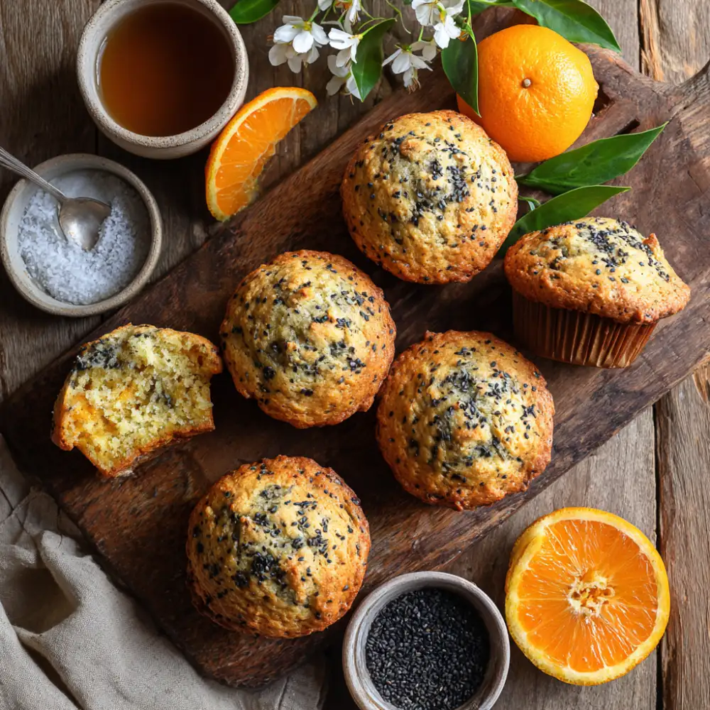 Orange Olive Oil Muffins with Black Sesame (12) 1 Fluffy orange and olive oil muffins with black sesame seeds on top, displayed on rustic wooden serving board