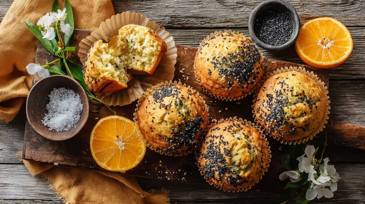 Orange & Olive Oil Muffins with Black Sesame on a rustic wood board with sesame tops