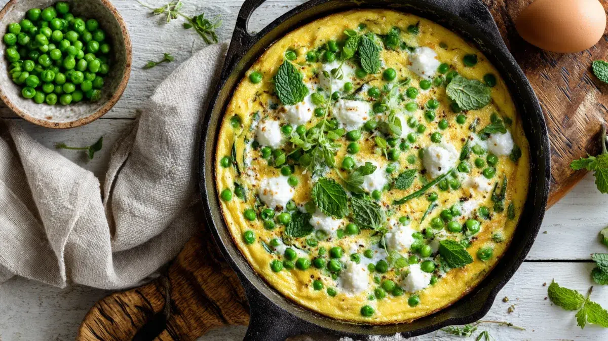 Pea and Mint Frittata with Goat Cheese Swirl in cast iron skillet