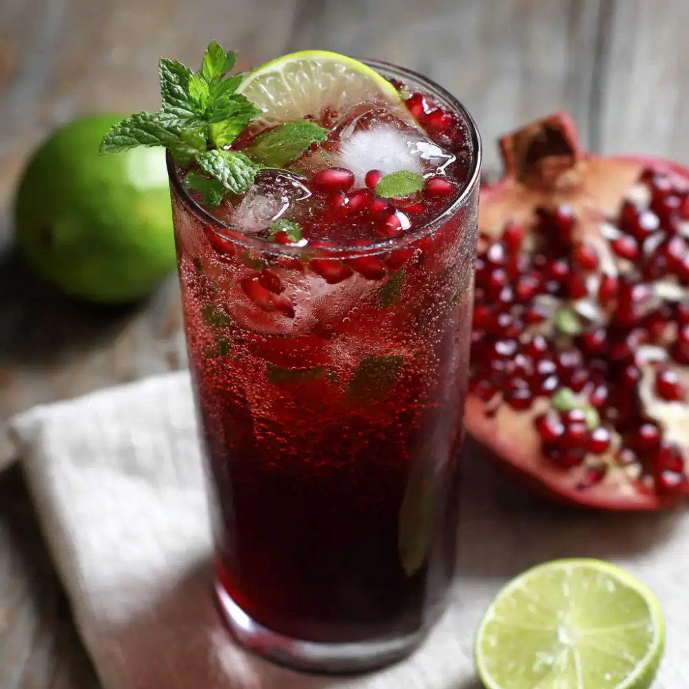 Pomegranate Lime Iced Tea Mocktail (15 Minutes) 1 Glass of ruby-red pomegranate lime herbal iced tea with fresh mint leaves and pomegranate seeds on ice.