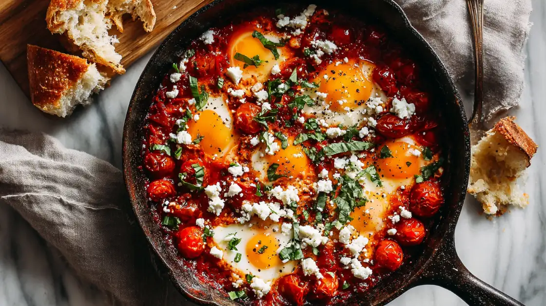 Roasted Cherry Tomato & Basil Shakshuka in a cast-iron skillet with jammy eggs and fresh basil
