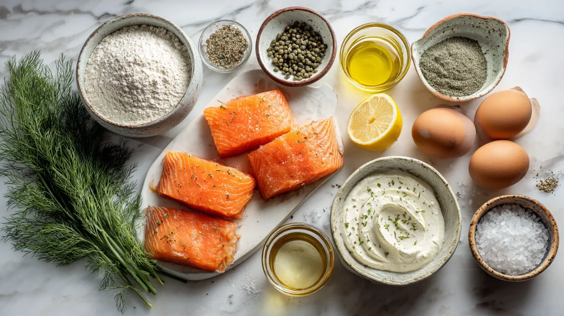 smoked-salmon-labneh-blinis-zaatar-ingredients-flat-lay Ingredients flat lay for smoked salmon & labneh blinis za'atar recipe including buckwheat flour, all-purpose flour, large egg, whole milk, extra virgin olive oil, fine sea salt, labneh, za'atar spice blend, cold-smoked salmon, fresh lemon juice, fresh dill fronds, capers, Lemon wedges and fresh herbs