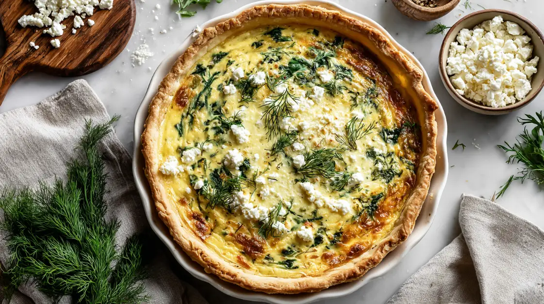 Spanakopita Quiche with Feta & Dill in white ceramic pie dish with fresh dill garnish