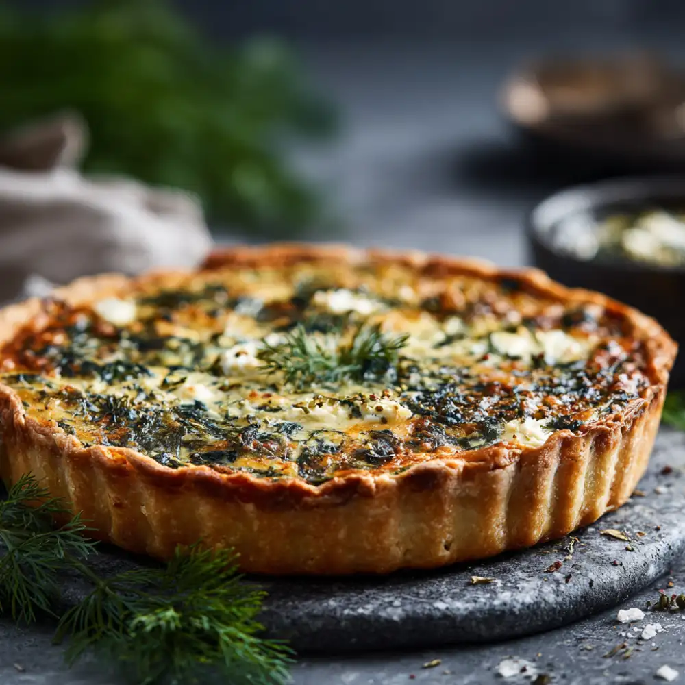 Spanakopita quiche with feta and dill on a rustic stone background, golden crust and savory spinach filling visible.
