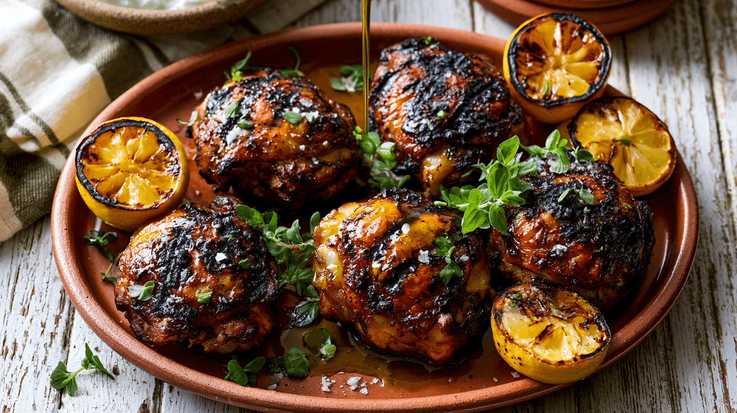 Overhead platter of Greek grilled chicken thighs with lemon, drizzled with olive oil and surrounded by charred lemon halves and fresh oregano