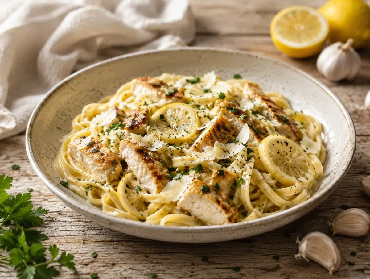 Creamy lemon garlic chicken pasta with linguine, seared chicken and parsley in a white bowl