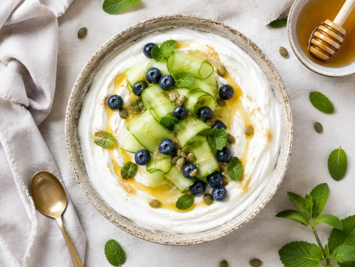 Greek yogurt bloat bowl topped with cucumber, mint, blueberries, honey and pumpkin seeds