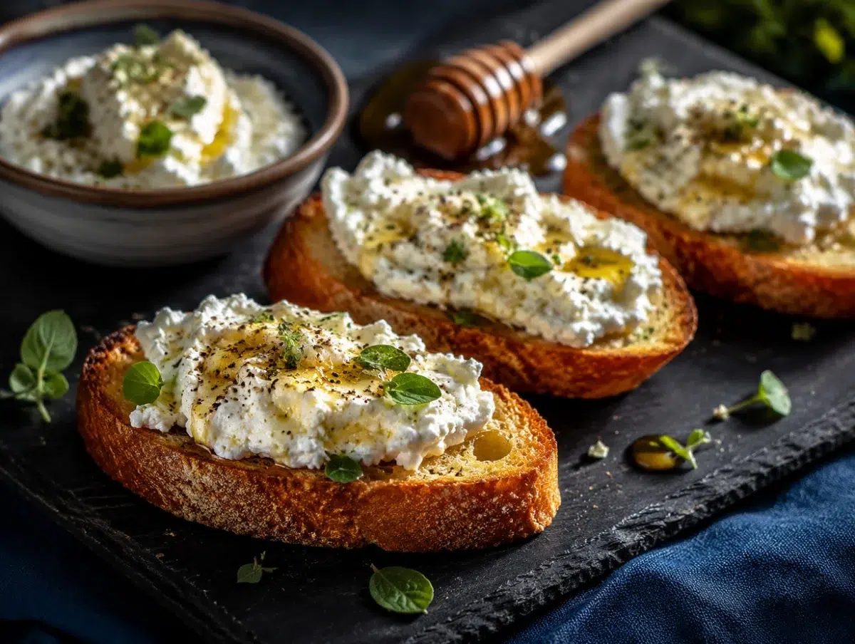 Whipped feta crostini on toasted baguette slices with olive oil, honey and oregano