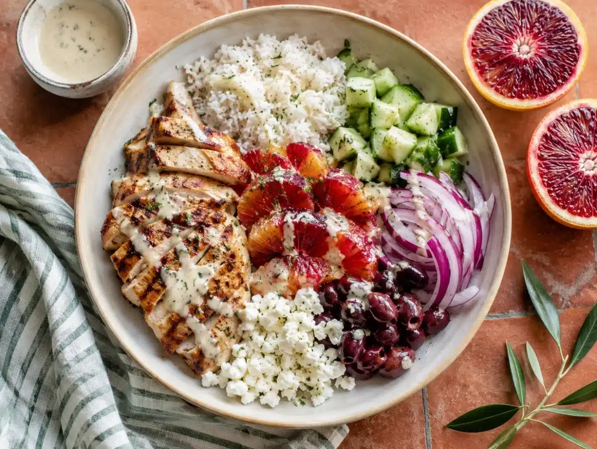 Blood orange Greek chicken bowl with grilled chicken, rice, feta, olives and citrus segments