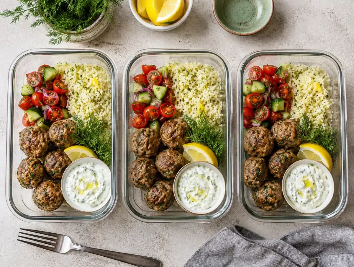Greek lamb meatball meal prep bowls with lemon rice, cucumber salad and tzatziki in glass containers