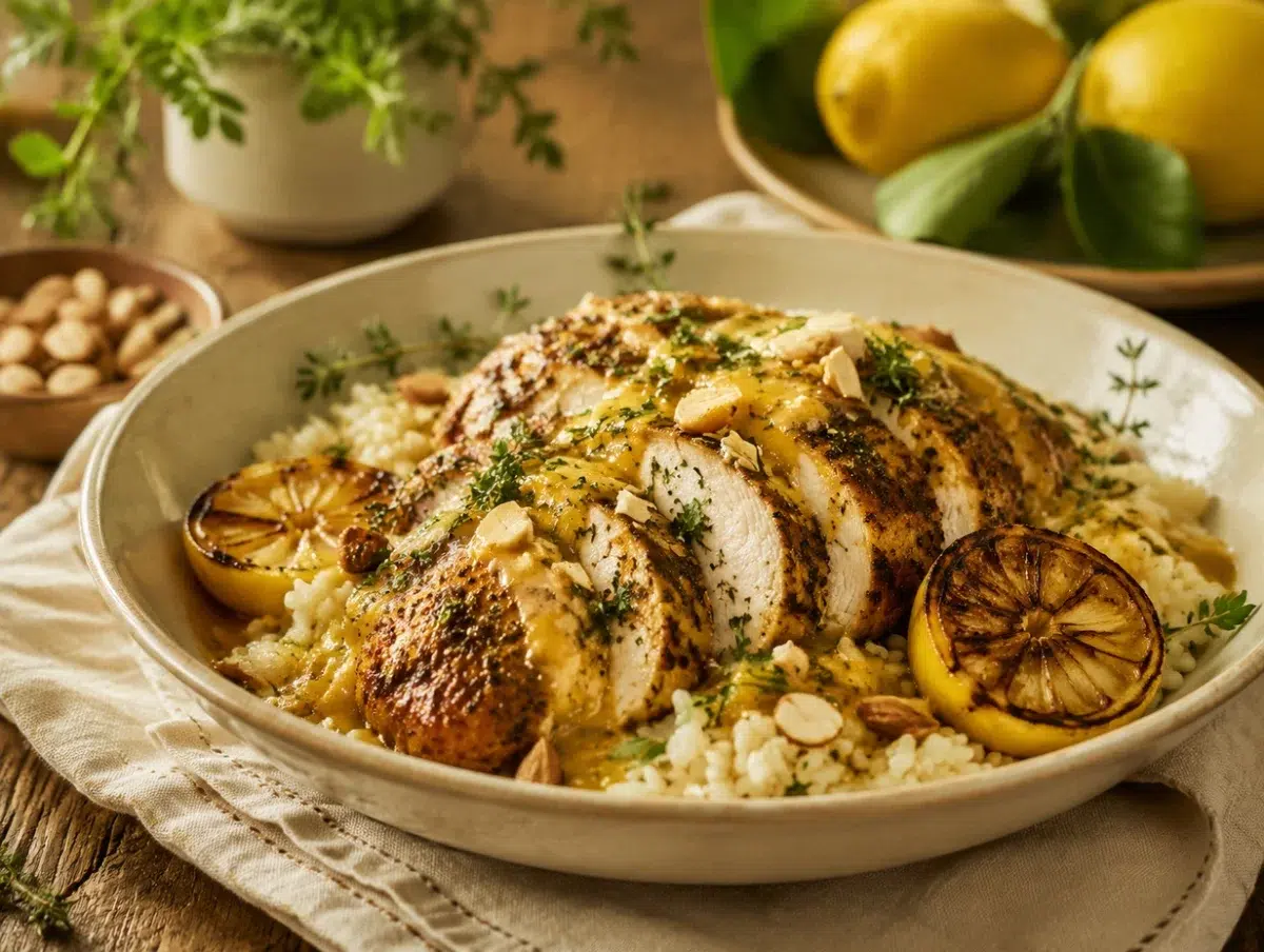 Meyer lemon herb chicken rice bowl with sliced roast chicken, rice, thyme and charred lemon