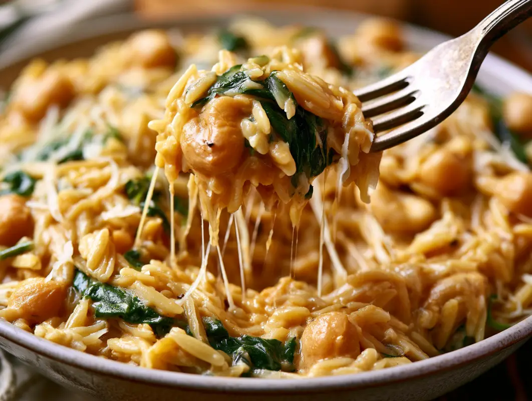 Marry Me Chickpea Pasta (25 Minutes, Serves 4-6) 1 Fork lifting a strand of creamy marry me chickpea pasta with melted cheese, spinach and chickpeas