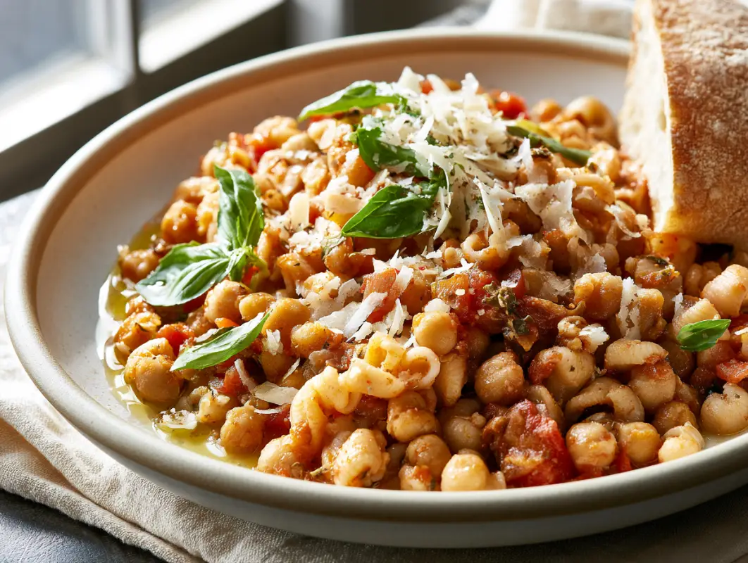 Bowl of marry me chickpea pasta with chickpeas, tomato, shaved parmesan and fresh basil beside crusty bread