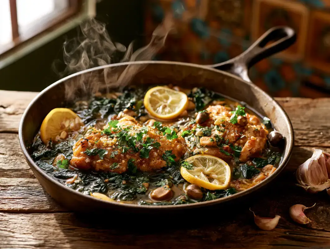 Skillet of lemon garlic chicken with spinach, green olives, lemon slices and garlic cloves
