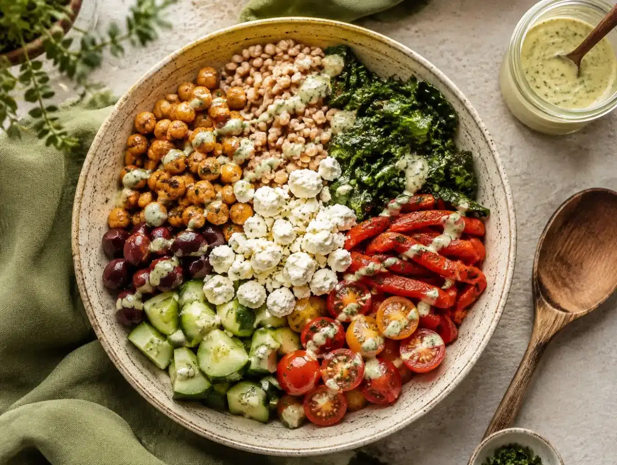 Mediterranean farro power bowl with chickpeas, kale, roasted peppers, feta and tahini drizzle