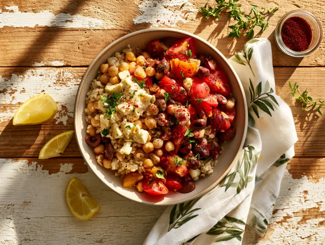 Overhead grilled chicken and grain bowl with chickpeas, tomatoes, feta and lemon on white wood