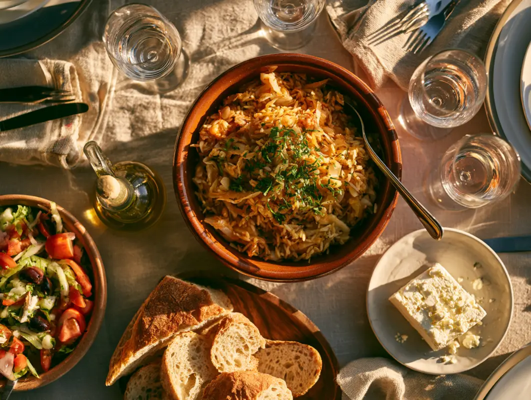Lahanorizo: Greek Cabbage Rice (60 Min, Serves 6) 1 Overhead table setting with a bowl of Greek lahanorizo cabbage rice, salad, bread, feta and wine