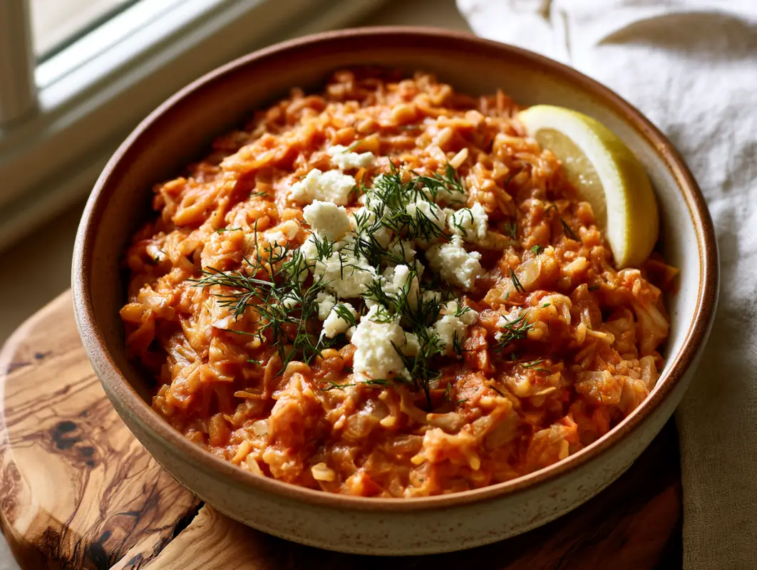 Bowl of Greek lahanorizo, tomato tinted cabbage and rice, topped with feta, dill and a lemon wedge