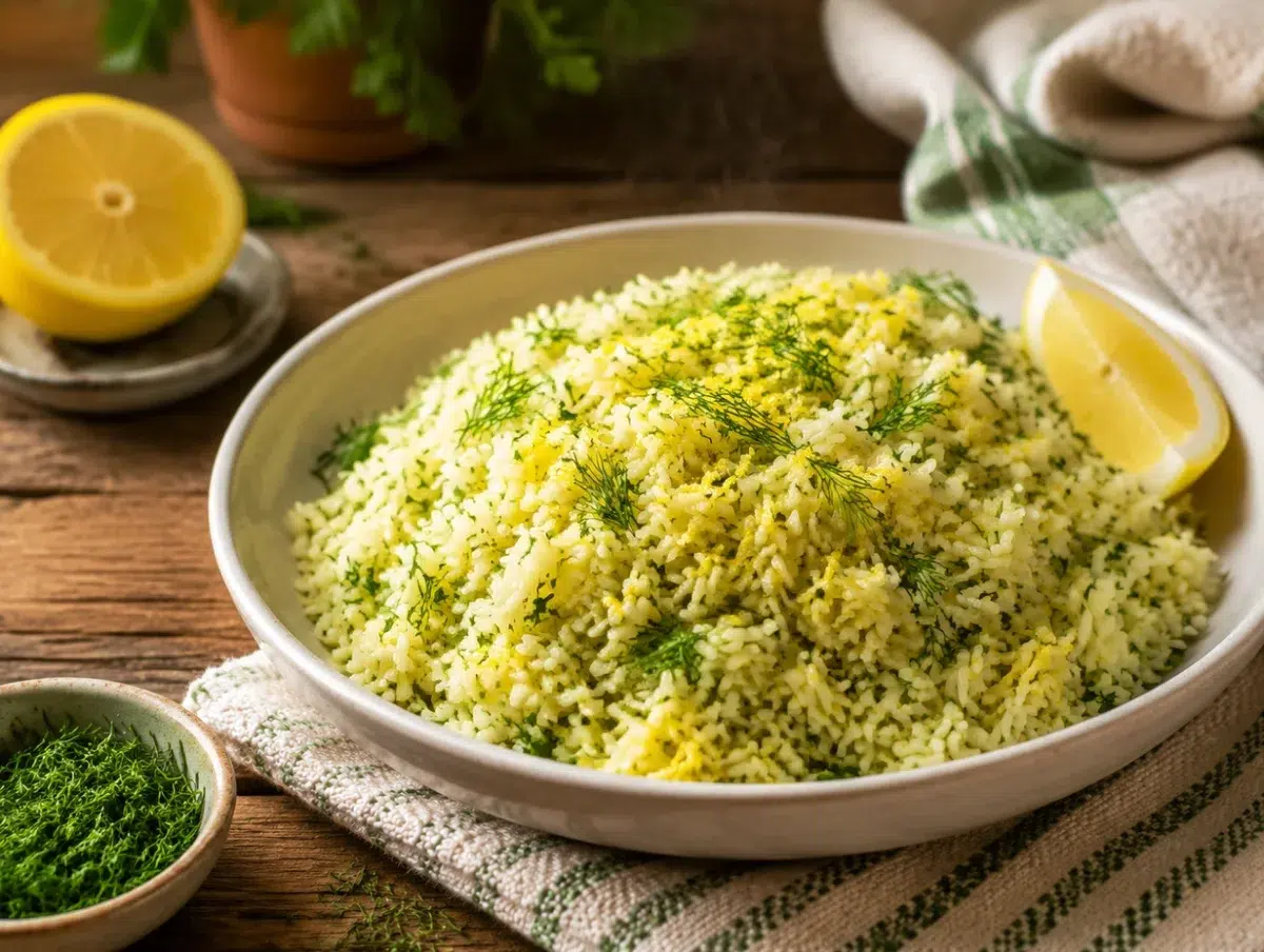 Greek lemon rice with fresh dill, parsley and lemon zest in a white serving bowl