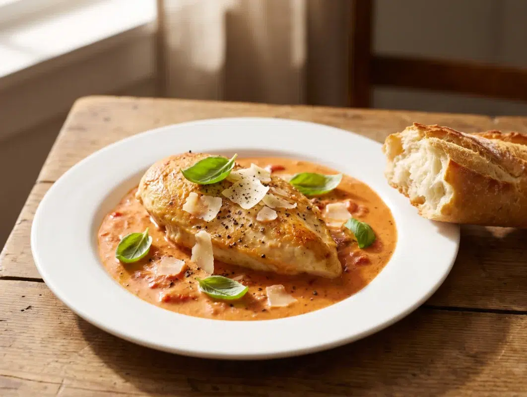 Creamy Tomato Basil Chicken (30 Minutes, One Pot) 1 Creamy tomato basil chicken breast in a rich pink sauce with fresh basil and shaved parmesan