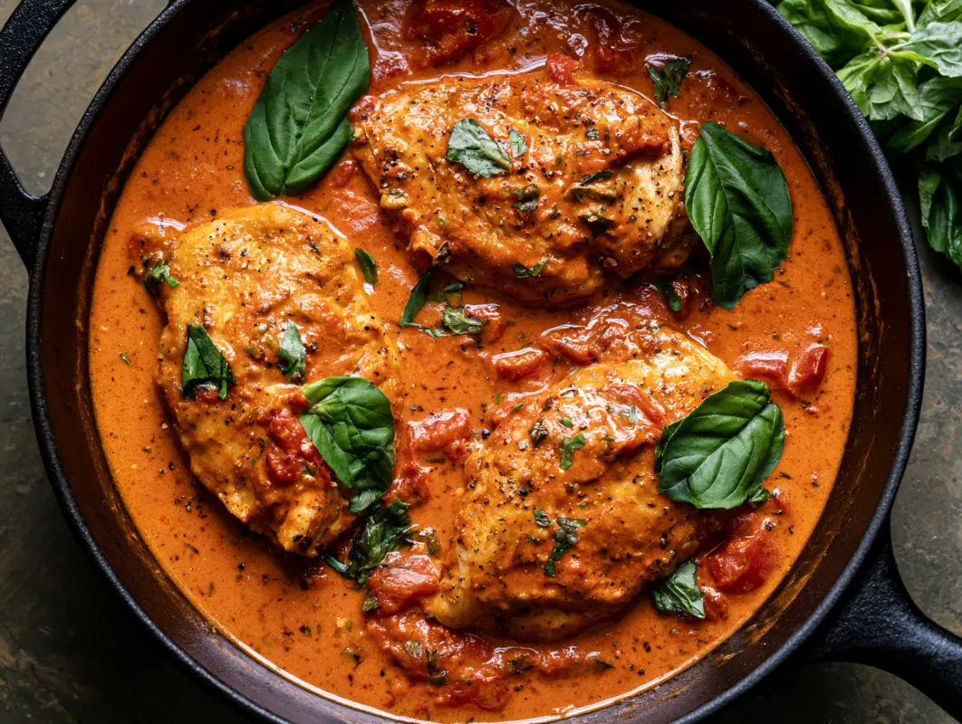 Skillet of creamy tomato basil chicken with tender chicken breasts in a rich tomato cream sauce