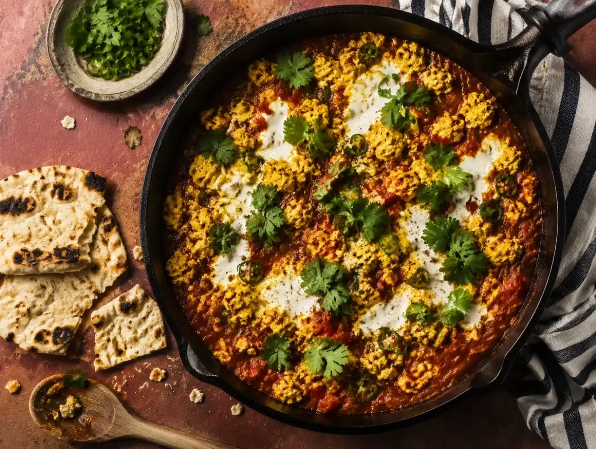 Vegan shakshuka in a cast iron skillet with turmeric tofu scramble, tomato sauce and cilantro