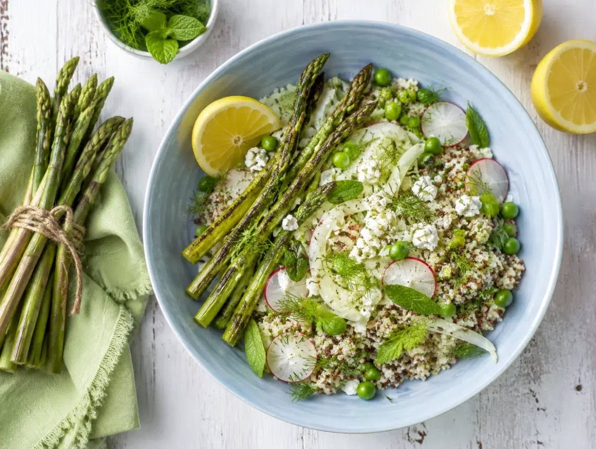 Mediterranean spring bowl with charred asparagus, peas, quinoa, radish and feta