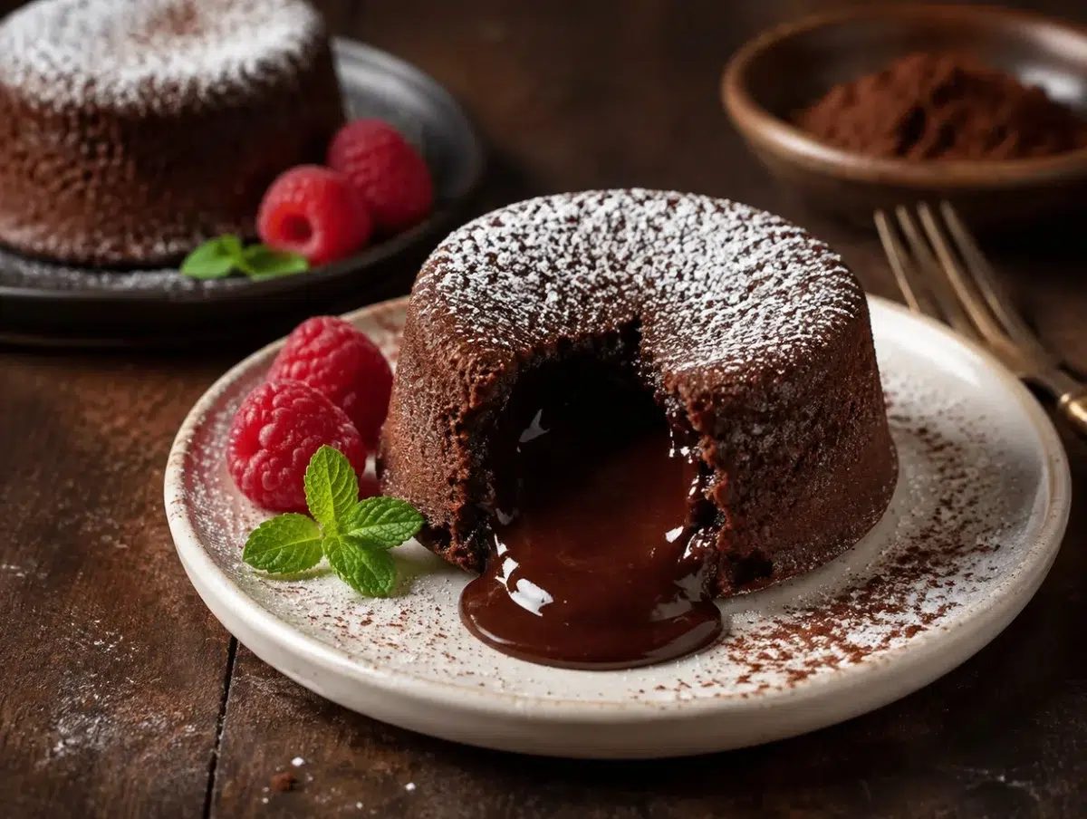 Chocolate lava cake cut open with molten chocolate flowing onto a white plate with raspberries